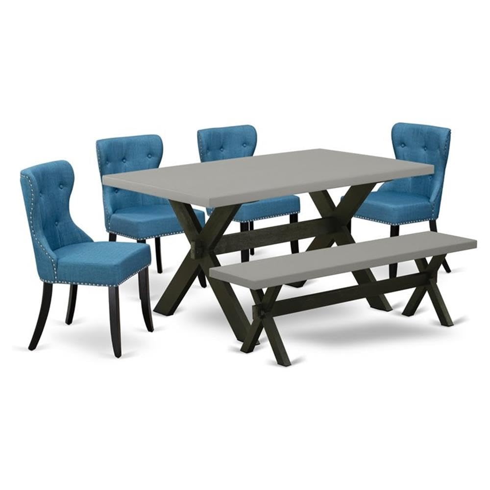 East West Furniture X696Si121-6 6 Piece Kitchen Table Set Contains A Rectangle Dining Table With X-Legs And 4 Blue Linen Fabric Parson Chairs With A Bench, 36X60 Inch, Multi-Color