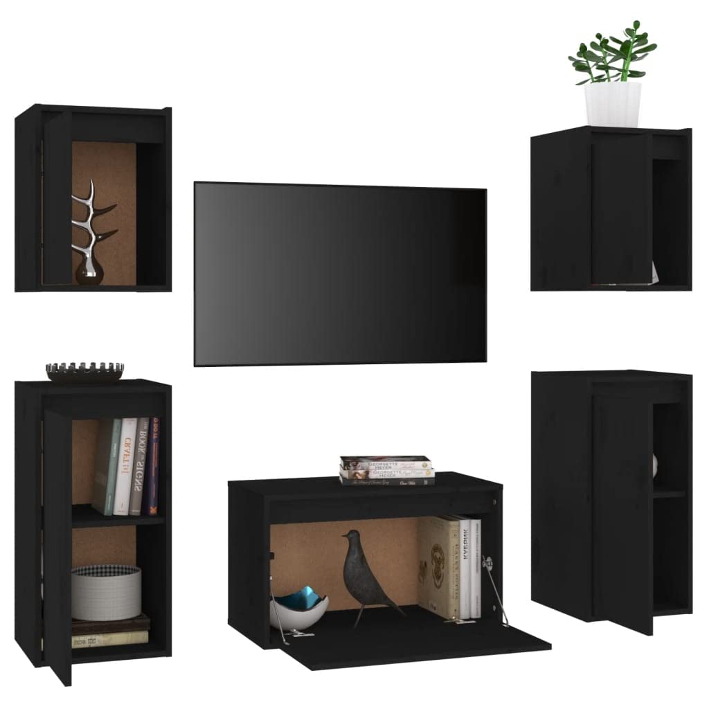 vidaXL TV Stand 5 Pcs, Wall Mounted Entertainment Center TV Console with Storage, Floating TV Stand for Living Room Bedroom, Black Solid Wood Pine