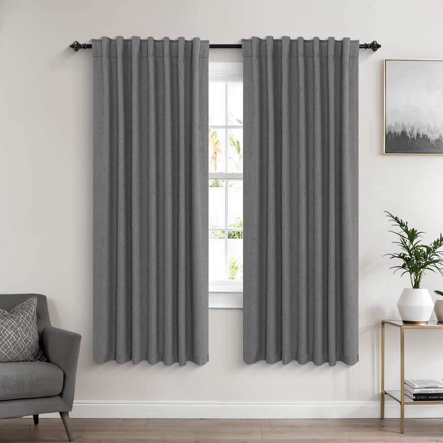 Koufall 52X72 Inches Long Grey Back Tab Linen Blackout Curtains
