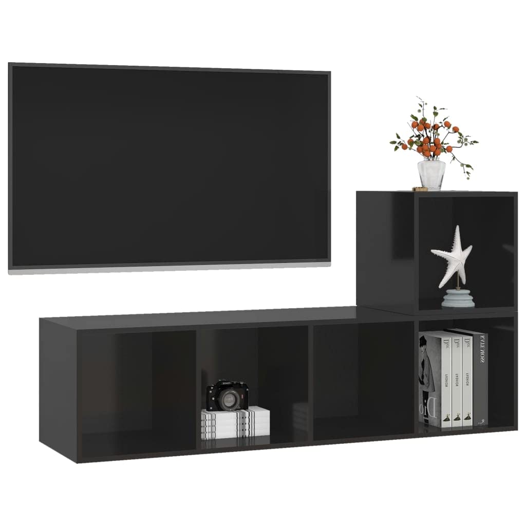 vidaXL TV Stand Set 2 Piece, TV Unit for Living Room Bedroom, Sideboard with Storage, Media Unit Cupboard, Modern, High Gloss Black Engineered Wood
