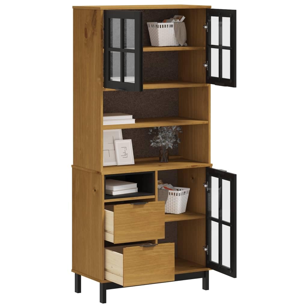 vidaXL Highboard, Sideboard for Living Room Office, Side Cabinet with Glass Doors, Storage Cabinet, Industrial Style, Solid Wood Pine FLAM