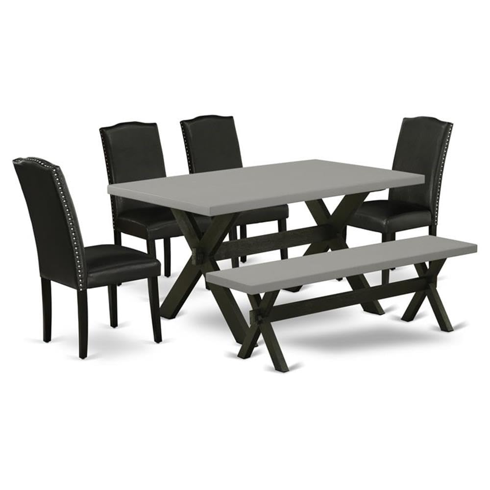 East West Furniture X696EN169-6 6 Pc Dining Room Table Set Includes a Cement Wooden Dining Table and a Modern Bench, 4 Black PU Leather Parson Chairs with High Back - Wire Brushed Black Finish