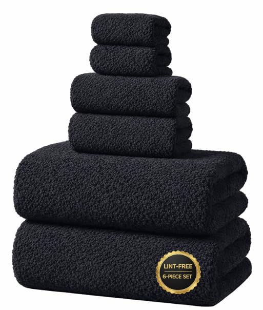 Extra Large Bathroom Towels, 6-Piece Set (2 Bath, 2 Hand, 2 Washcloths), Lint-Free, Quick-Dry, Black