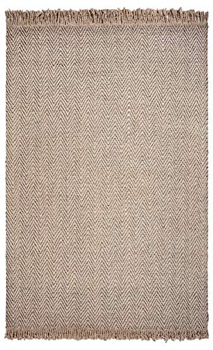 HomeRoots Natural Wool 9'x12' Oatmeal Beige Hand Woven Herringbone with Braided Fringe Indoor Area Rug