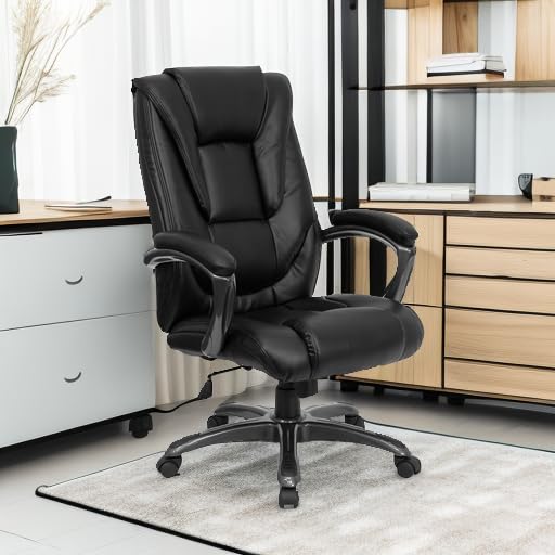 Flash Furniture Oma High Back Black LeatherSoft Layered Upholstered Executive Swivel Ergonomic Office Chair with Smoke Metal Base and Arms