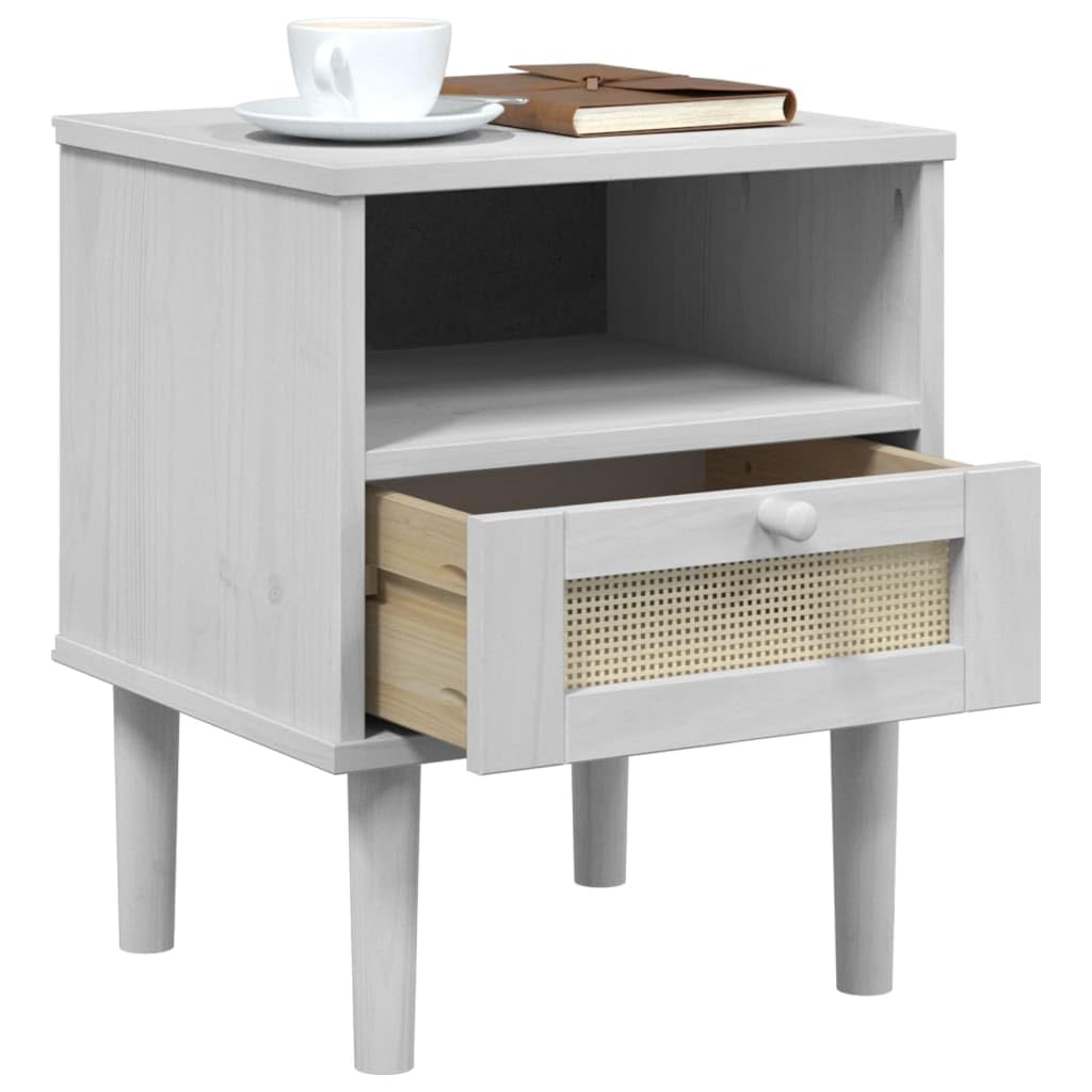 vidaXL Bedside Cabinet SENJA in White - Rattan Look Nightstand - Constructed from Solid Pine Wood with UV Varnish Finish - Ample Storage with Drawer and Compartment