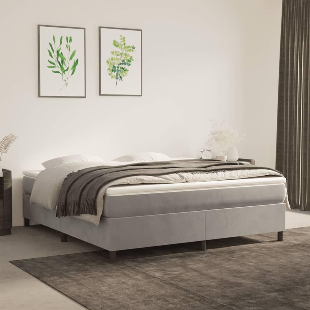 vidaXL Box Spring Bed Frame, King Size, Light Gray Velvet Upholstery, Fits 76&quot;x79.9&quot; Mattress, Modern Bedroom Furniture