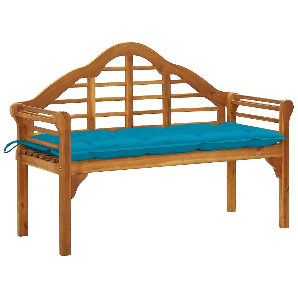 Vidaxl Patio Queen Bench With Blue Cushion - Solid Acacia Wood Outdoor Bench With Backrest And Armrests For Patio, Deck, Garden