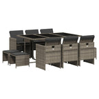 vidaXL 11 Piece Patio Dining Set with Cushions - Gray Poly Rattan Garden Table and Chairs/Stools - Compact Storage, Comfortable Seating, Easy Maintenance, Tempered Glass Tabletop