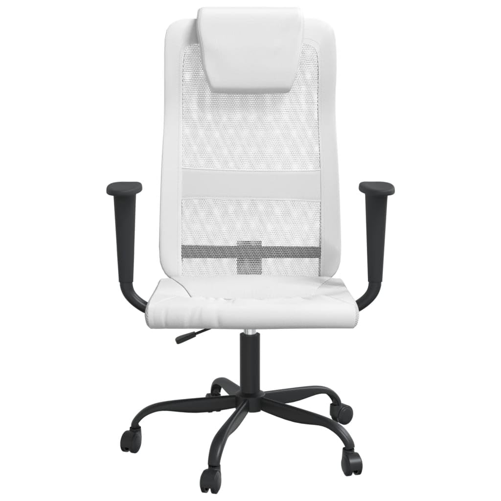 vidaXL White Office Chair – Adjustable Mesh Fabric & Faux Leather Workspace Seating – Swivel Design with Rolling Castors, Armrests & Headrest