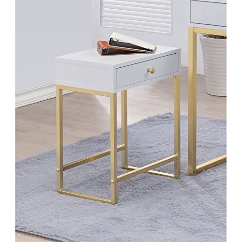 Acme Coleen 1-Drawer Metal Tube End Table In White And Brass