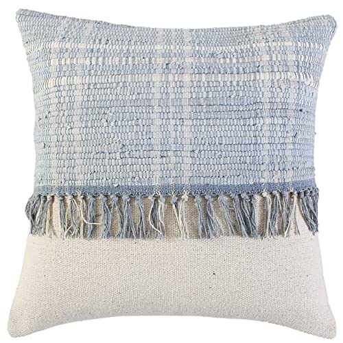 Rizzy Home Color Block 18&quot; Canvas/Recycled Denim Cover with Down - Natural/Blue