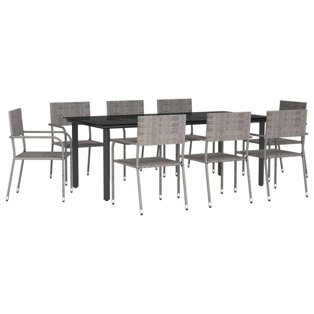 vidaXL Modern 9-Piece Patio Dining Set - Gray and Black - Poly Rattan and Steel Frames – Tempered Glass Table - Stackable Chairs - Ideal for Garden, Patio, Deck