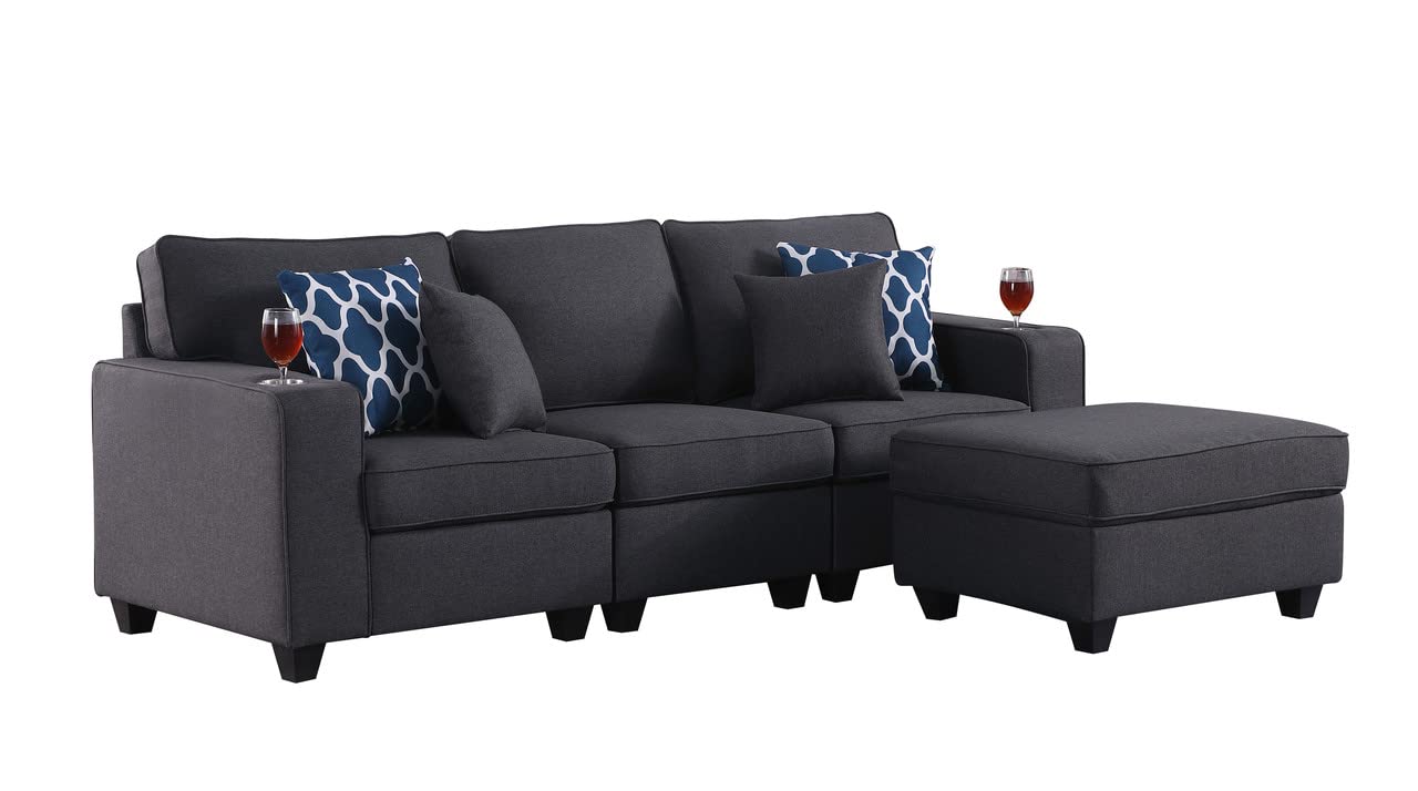 Lilola Home Cooper Dark Gray Linen Sofa with Ottoman and Cupholder