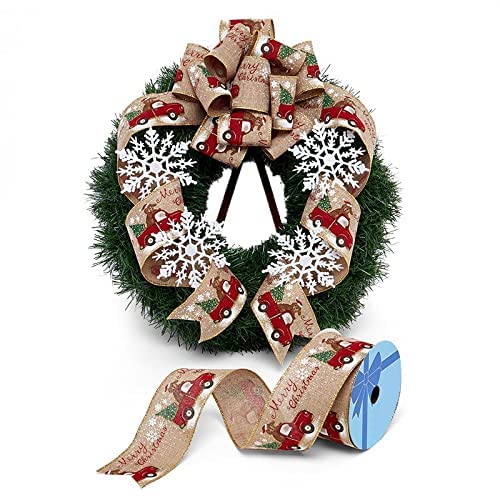 Truck Dog Merry Christmas Ribbon - 2 1/2' X 10 Yards, Wired Edge, Natural Ribbon, Red Truck With Dog & Christmas Tree, Wreath,