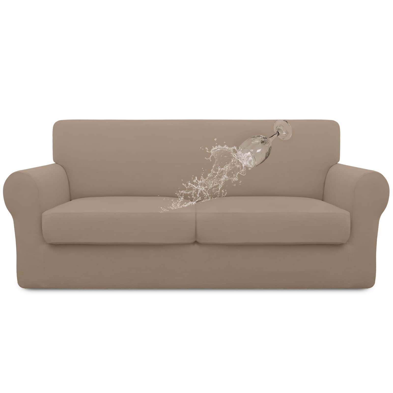 Easy-Going 100% Dual Waterproof Oversized Loveseat Cover Stretch Soft Couch Cover For Dogs, Sofa Slipcover For 2 Separate Cushion Couch Leakproof Furniture Protector For Kids, Pets Camel