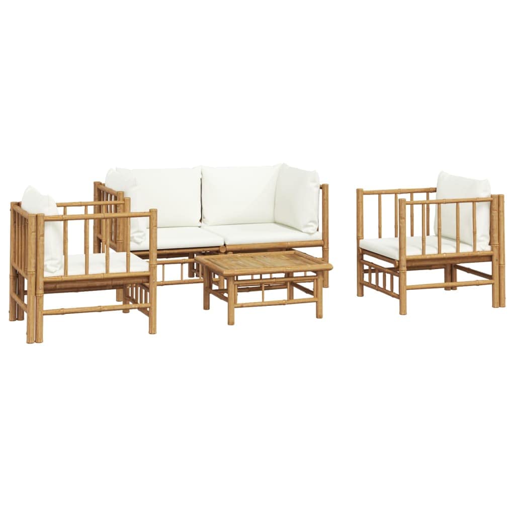 vidaXL Bamboo Patio Lounge Set with Cream White Cushions | Versatile Outdoor Garden Furniture | Modular Design | 5 Piece Set Includes Corner Sofas, Chairs, and Table