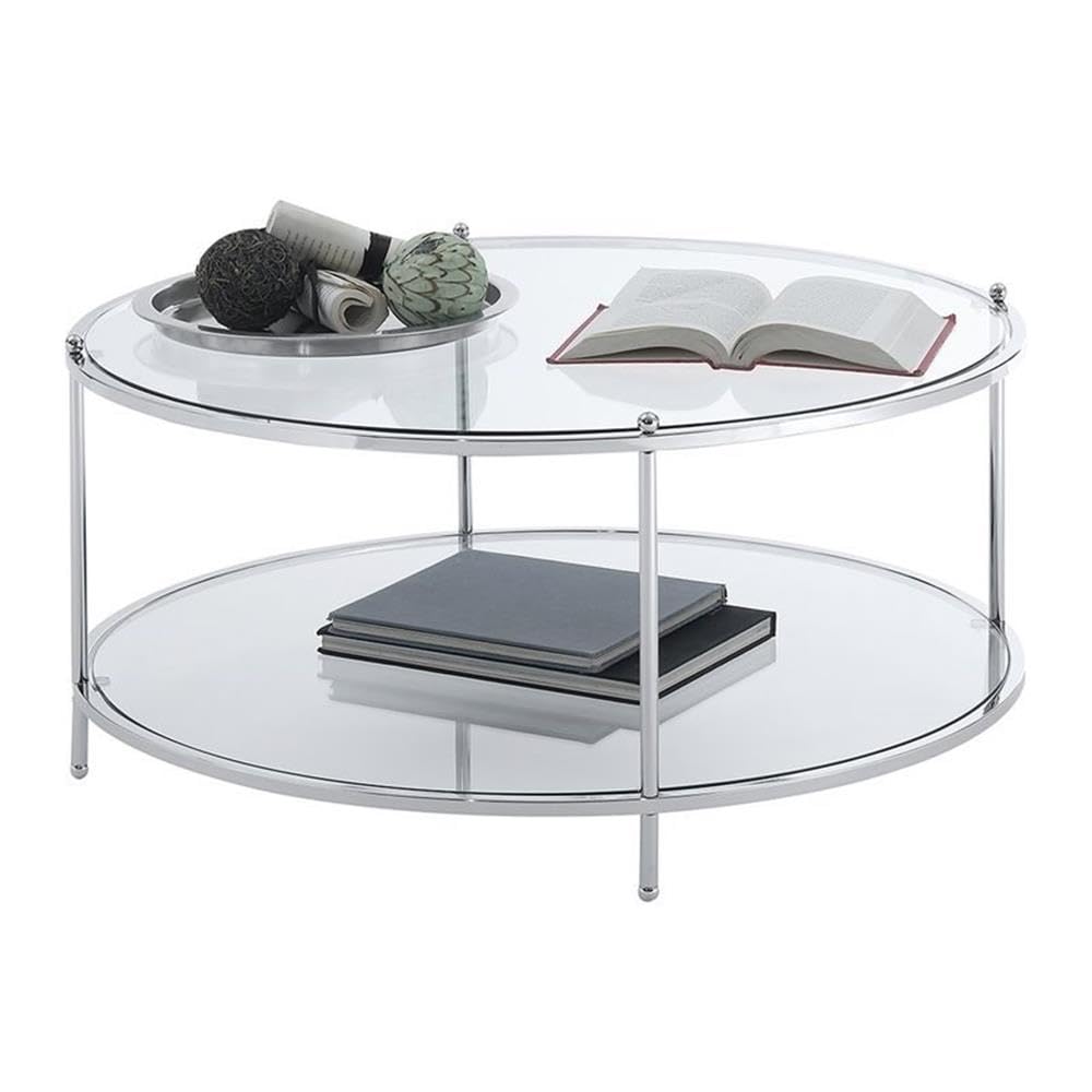 Convenience Concepts Royal Crest 2 Tier Round Glass Coffee Table, Clear Glass / Chrome Frame