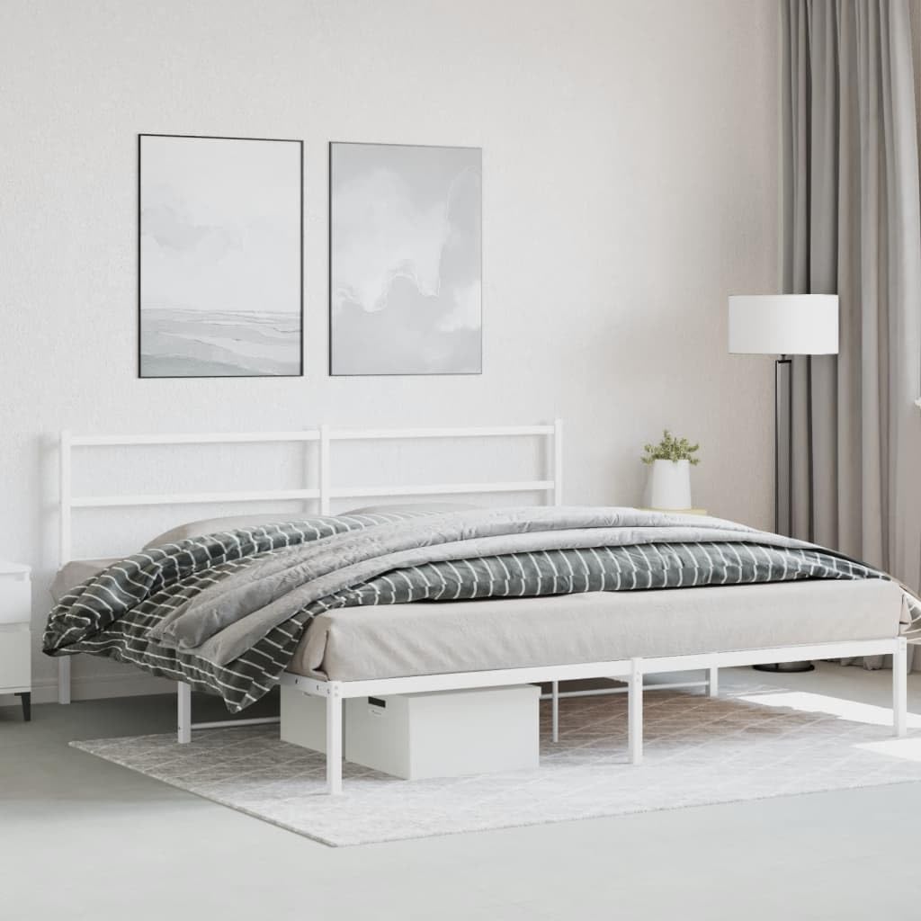 vidaXL King-Sized Metal Bed Frame with Headboard - White Steel Bedroom Furniture, 81.5x78 Frame, 10.2 Under-Bed Clearance, Supports 76x79.9 Mattress