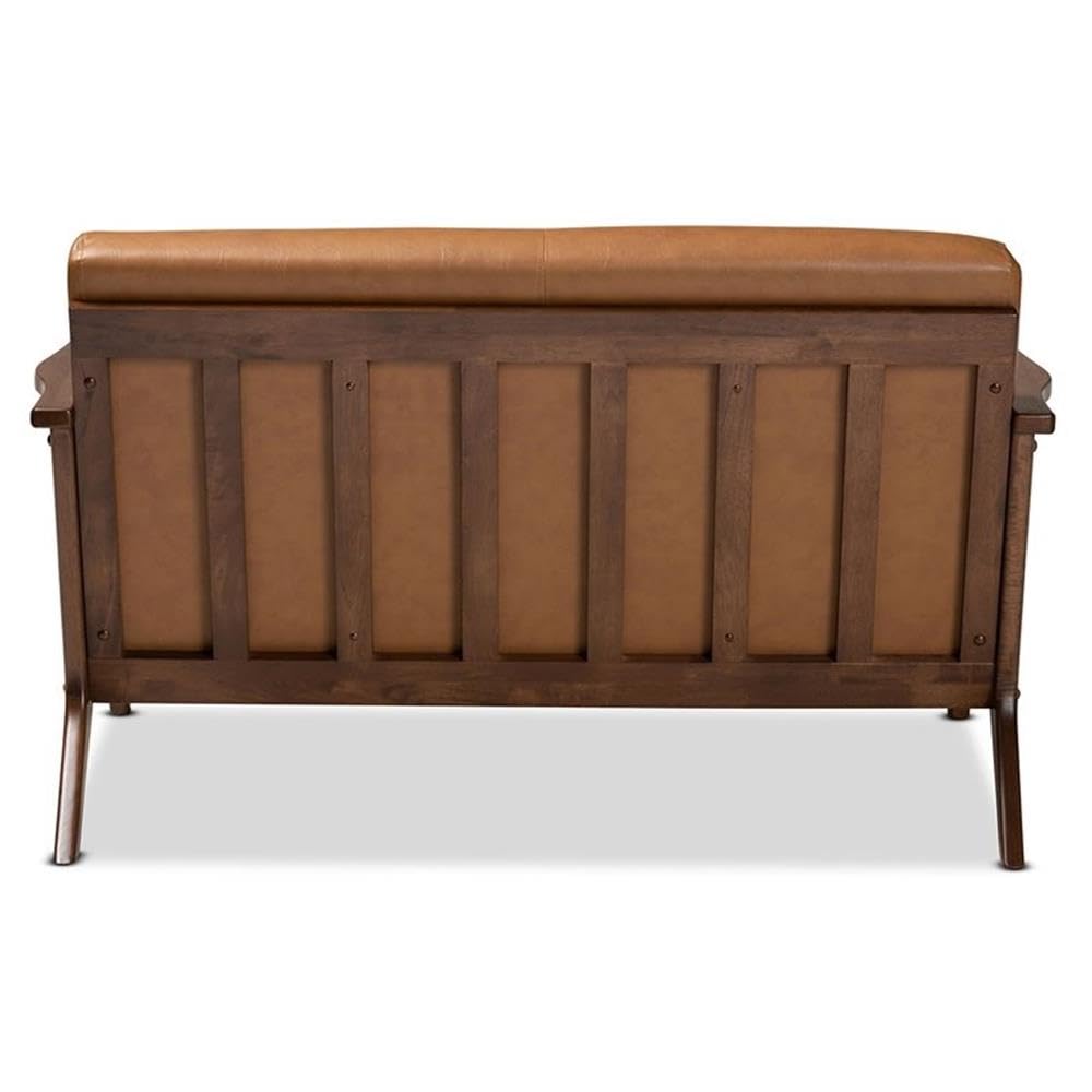 Baxton Studio Bianca Mid-Century Modern Walnut Brown Finished Wood and Tan Faux Leather Effect Loveseat