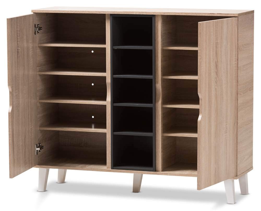 Baxton Studio Adelina Mid-Century Modern 2-Door Oak and Grey Wood Shoe Cabinet/Mid-Century/Light Brown/Gray/Particle Board/MDF with PU Paper