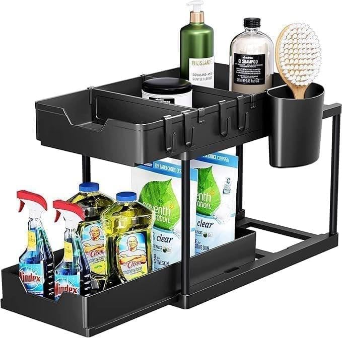 Kanduri New Expandable Cabinet Shelf With Hooks Under Sink Organizer 2Tier PullOut Storage Rack Bathroom Kitchen Organization 