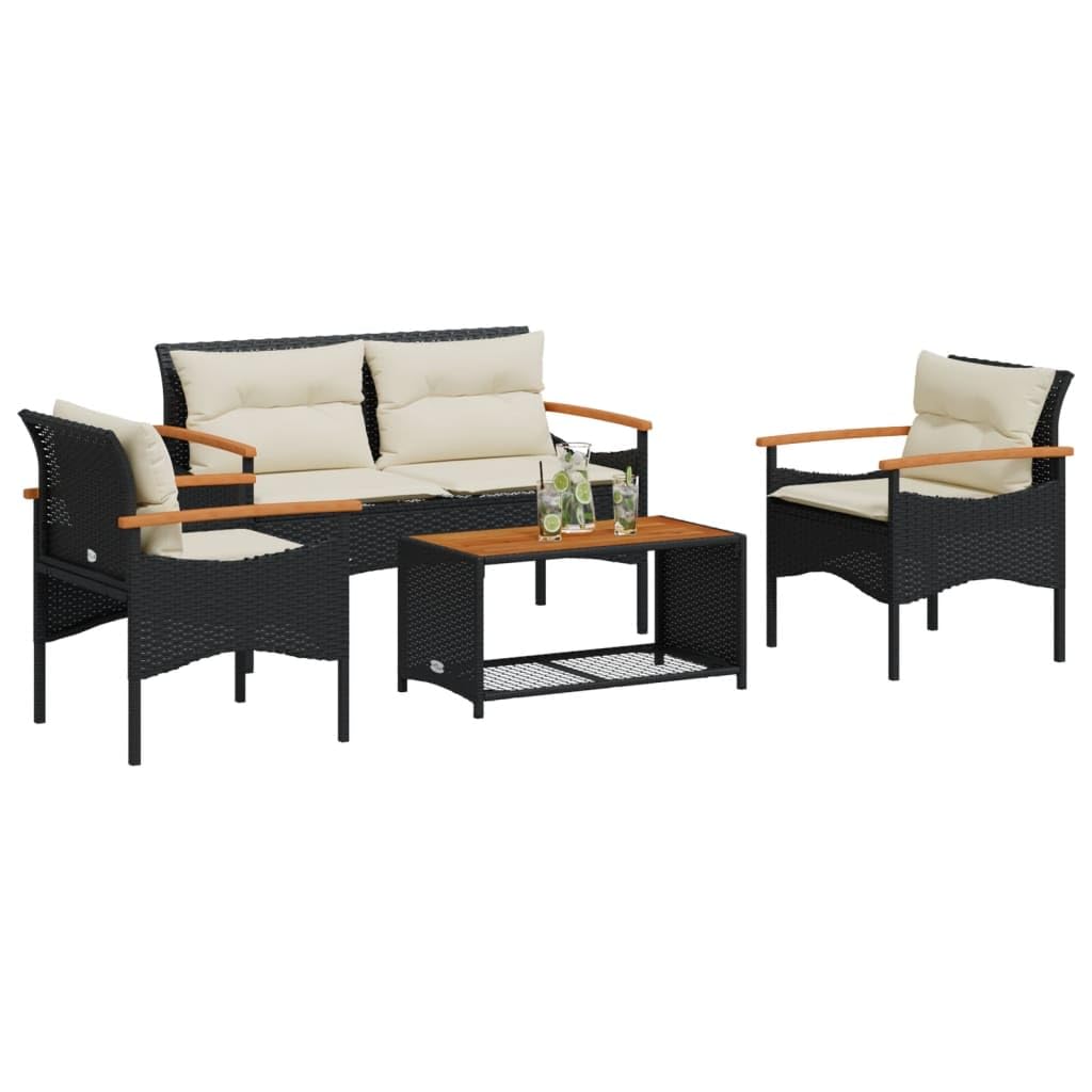 vidaXL 4 Piece Black Rattan Patio Sofa Set with Acacia Wood Table and Cushions - Weather-Resistant Outdoor Furniture for Garden, Terrace, Backyard, Patio