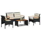 vidaXL 4 Piece Black Rattan Patio Sofa Set with Acacia Wood Table and Cushions - Weather-Resistant Outdoor Furniture for Garden, Terrace, Backyard, Patio