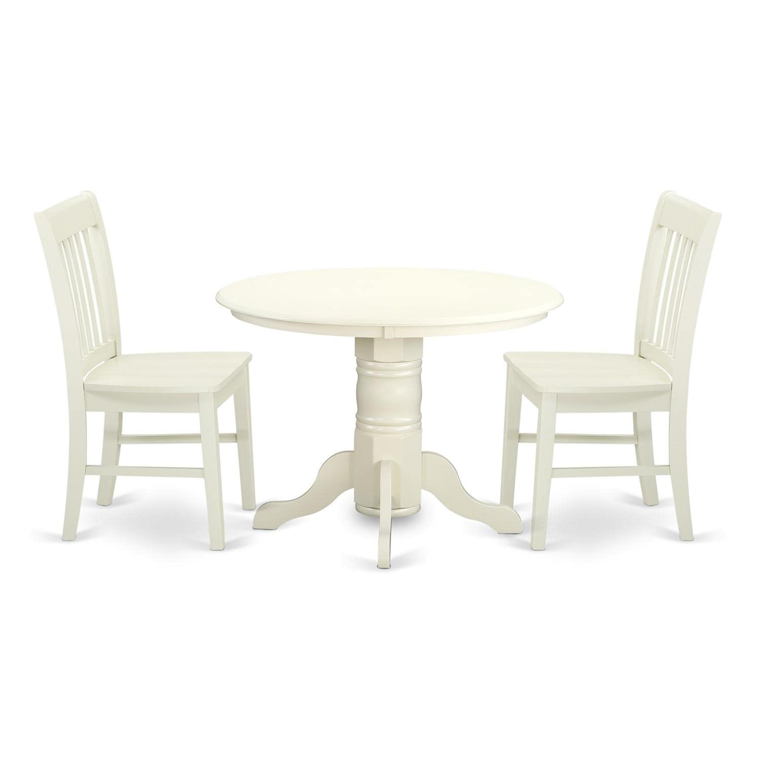 East West Furniture SHNO3-LWH-W 3 Piece Modern Dining Table Set Contains a Round Kitchen Table with Pedestal and 2 Dining Room Chairs, 42x42 Inch, Linen White