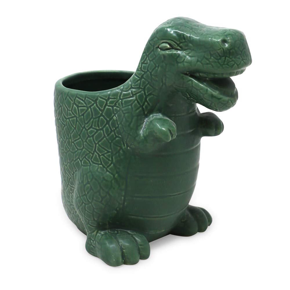 Isaac Jacobs Green Ceramic Dinosaur Cup, Toothbrush Holder, Multi-Purpose Organizer, - Great for Toiletries, Bathroom, Kitchen, 
