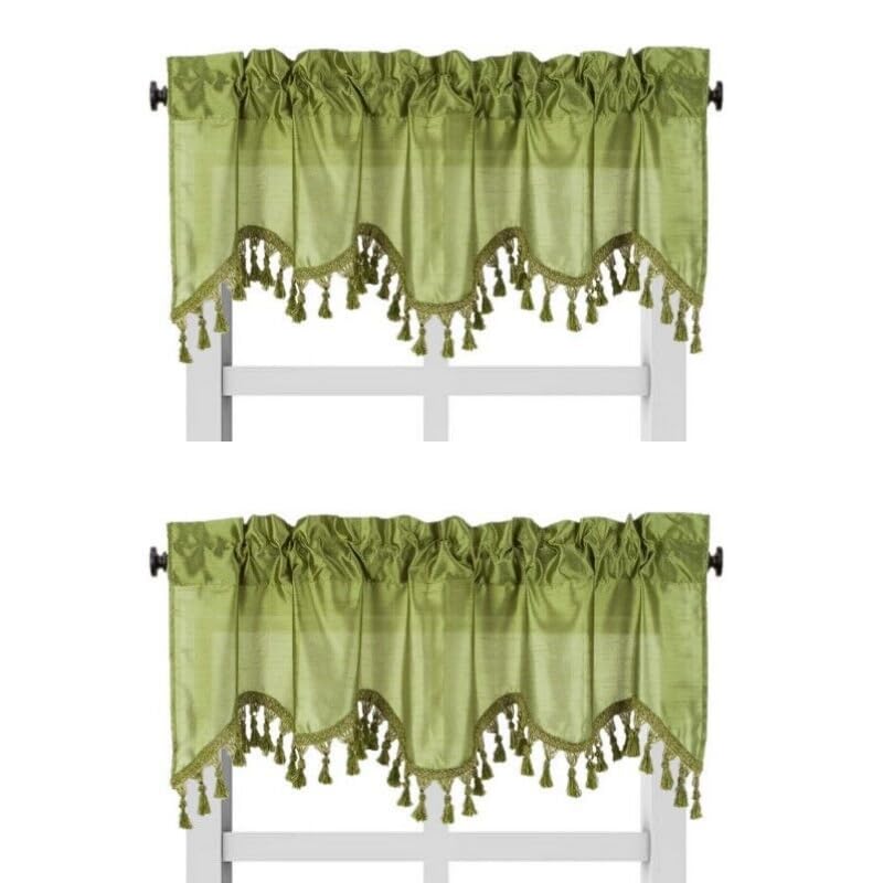 Solid Faux Silk Swag Waterfall Cascade Ascot Window Curtain Valance W/Tassels Trim 55' X18' Wave (2, Lime Green)