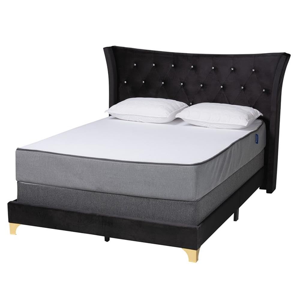 Baxton Studio Easton Black Velvet and Gold Metal Queen Size Panel Bed