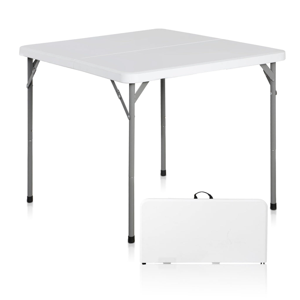 Super Deal 3 Foot Square Folding Card Table, Indoor Outdoor Portable Plastic Heavy Duty Fold-In-Half Puzzles Camping Picnic Party Table With Carrying Handle, White