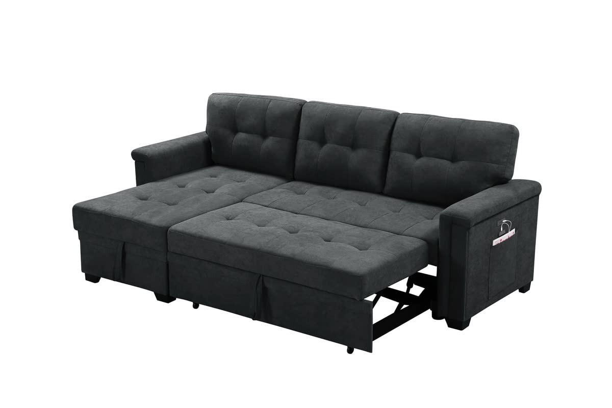 Lilola Home Ashlyn Dark Gray Woven Fabric Sleeper Sectional Sofa Chaise With Usb Charger And Tablet Pocket
