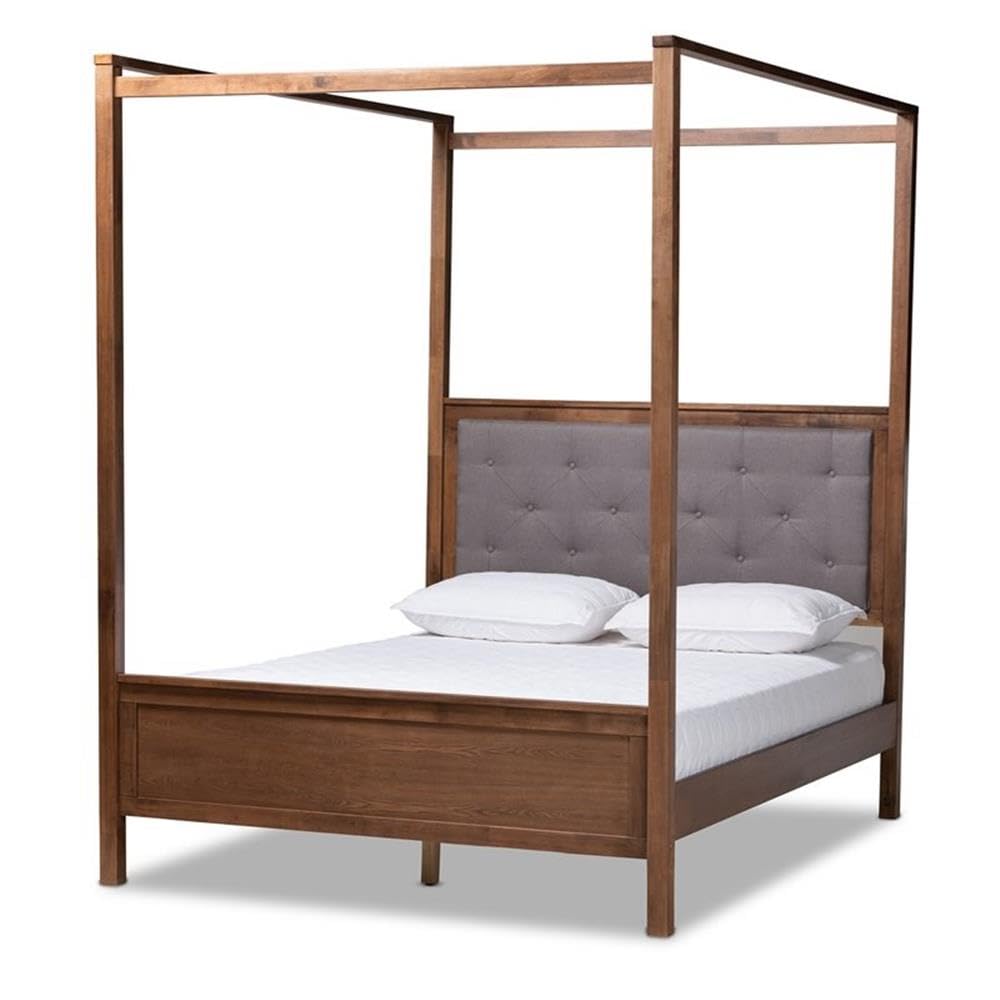 Baxton Studio Natasha Queen Size Grey Upholstered Walnut Finished Canopy Bed