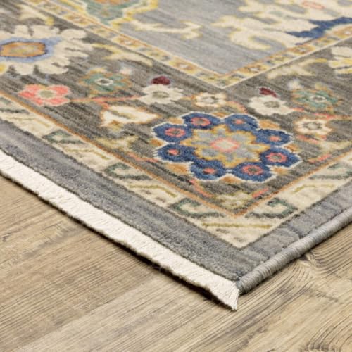 HomeRoots 509349 6 x 9 ft. Blue Gray Gold Green Pink Orange Ivory & Red Oriental Power Loom Stain Resistant Rectangle Area Rug with Fringe