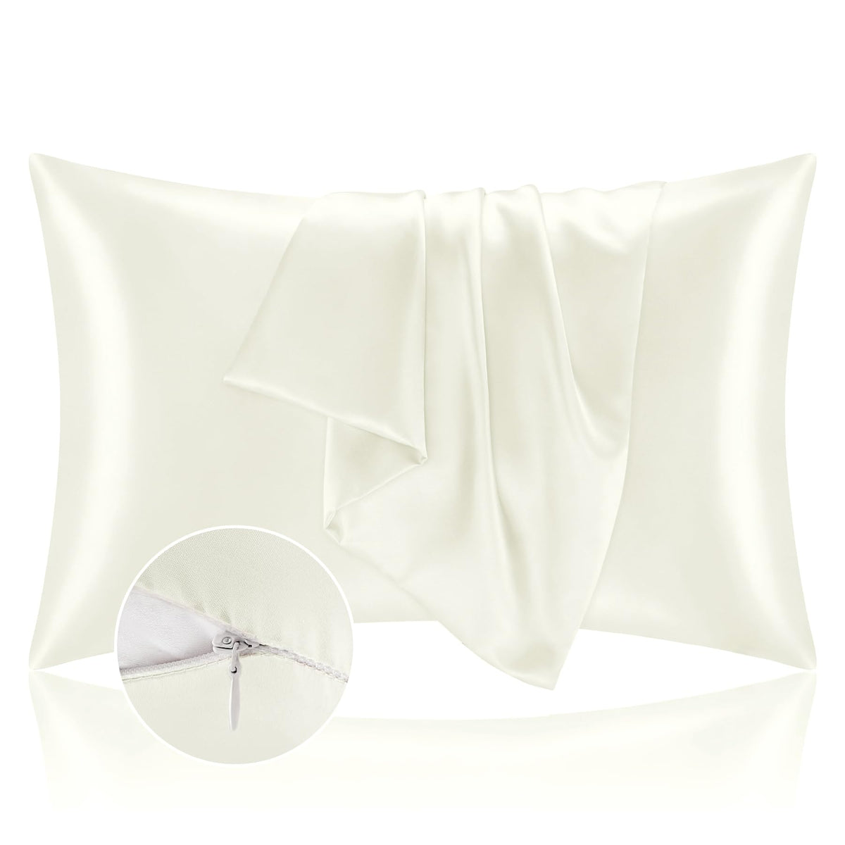Bedelite Satin Pillowcase With Zipper 2 Pack, Ivory Pillow Cases Standard Size, Super Soft And Cooling Similar To Silk Pillow Ca