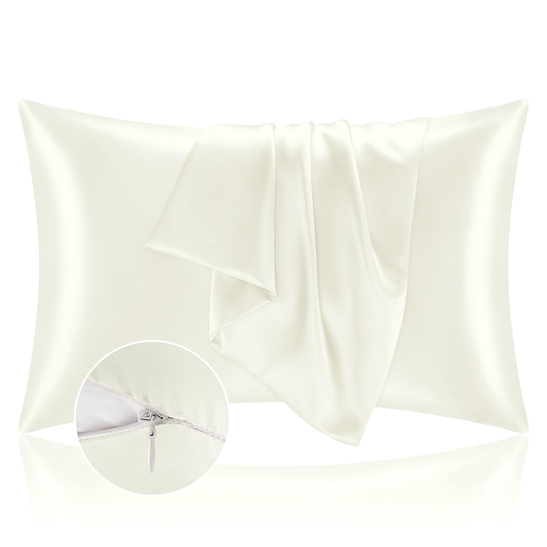 Bedelite Satin Pillowcase With Zipper, Ivory King Size Pillow Cases Set Of 2, Super Soft And Cooling Similar To Silk Pillow Case