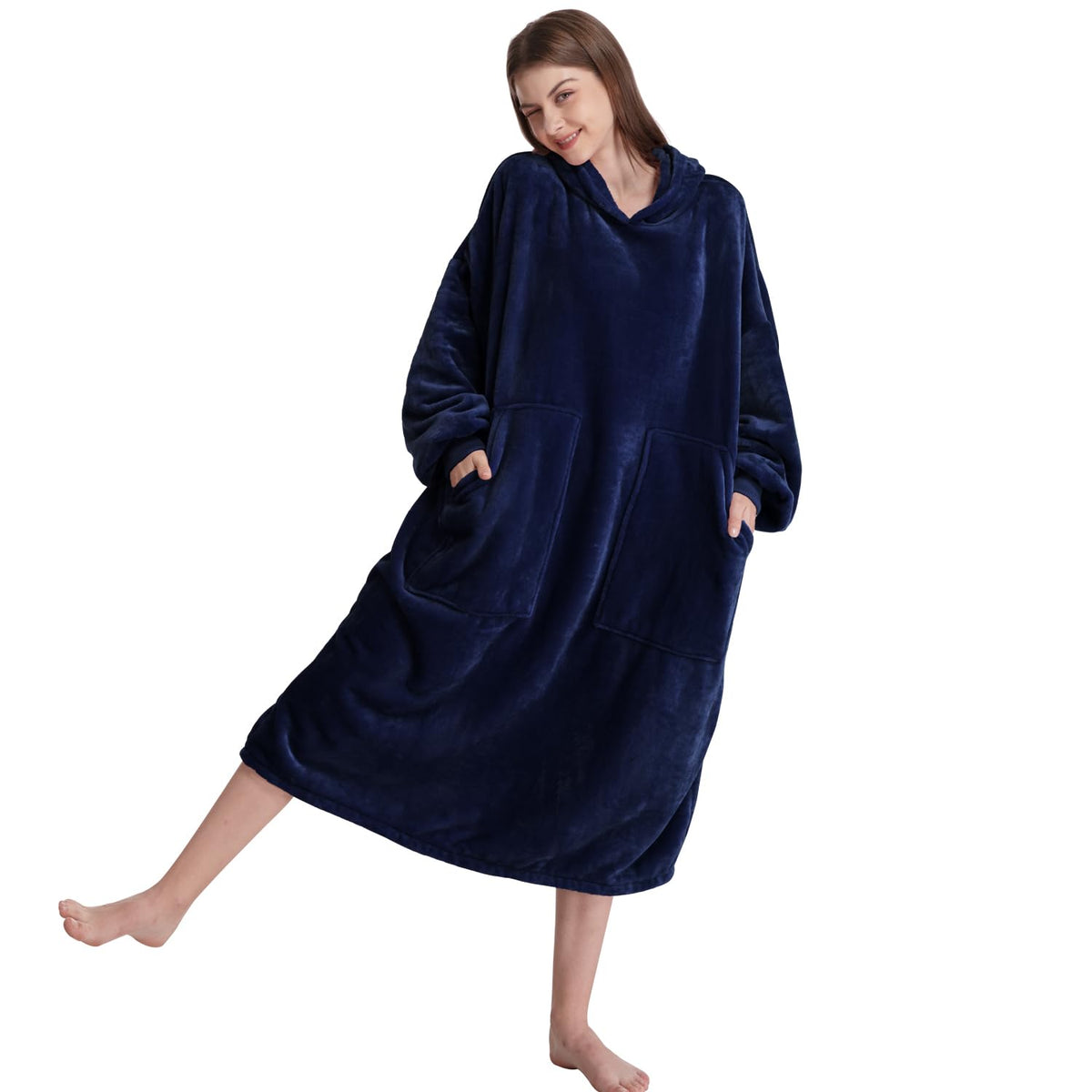 Kipswiza Oversized Wearable Blanket Flannel Super Soft Long Hoodie Blanket For Adults-Navy