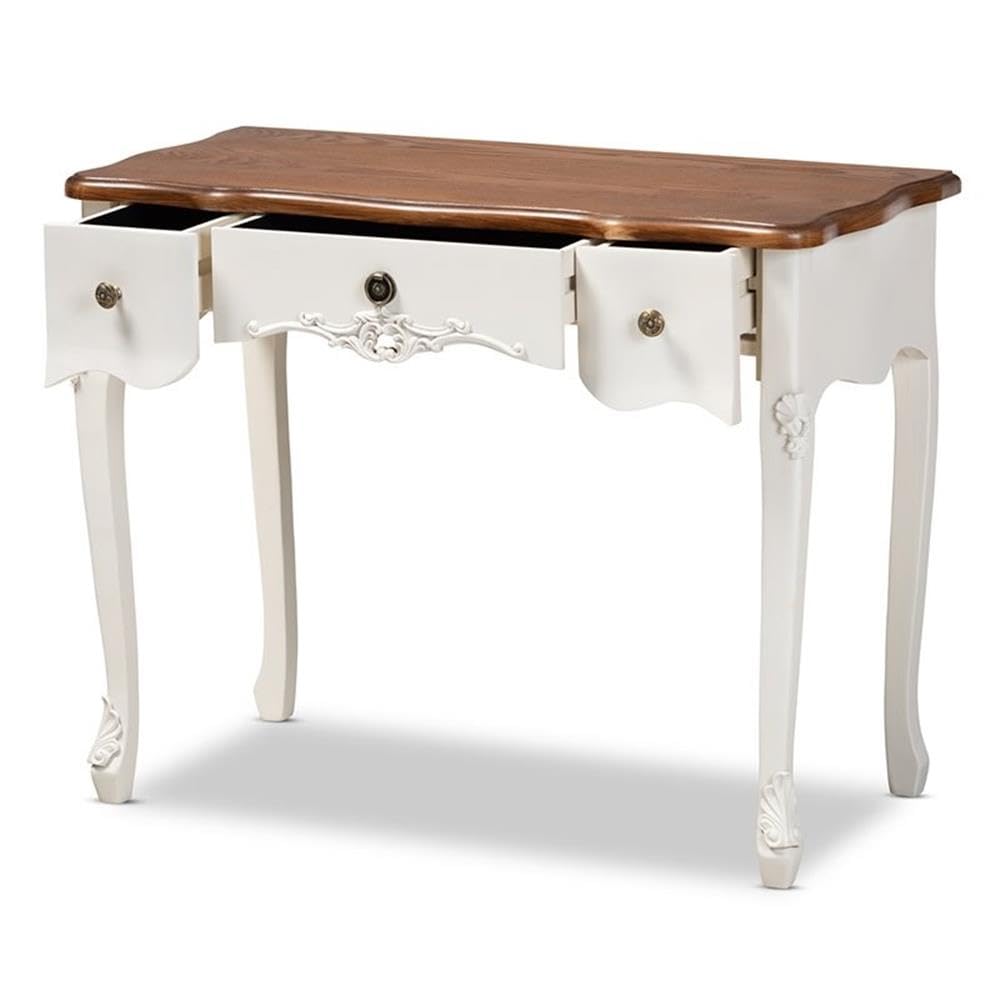 Baxton Studio Sophie Classic Traditional French Country White and Brown Finished Small 3-Drawer Wood Console Table