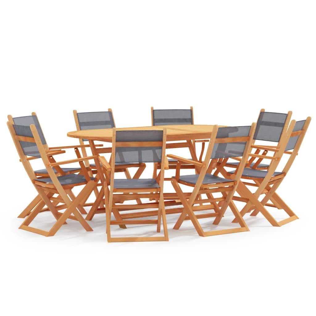 Vidaxl Solid Eucalyptus Wood Patio Dining Set 9 Piece Home Outdoor Dining Room Kitchen Garden Wooden Table And Chair Furniture Gray Textilene