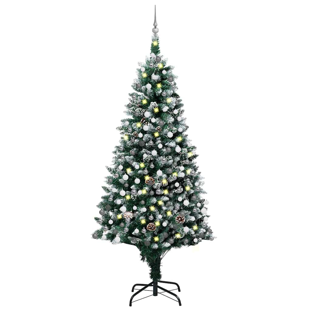 vidaXL Artificial Christmas Tree 82.7&quot; with LEDs, Ball Set, Pine Cones - Green & White - Recyclable PVC, Steel, Plastic - Snow-Tipped, Pointy Branches - Energy-Efficient Decoration