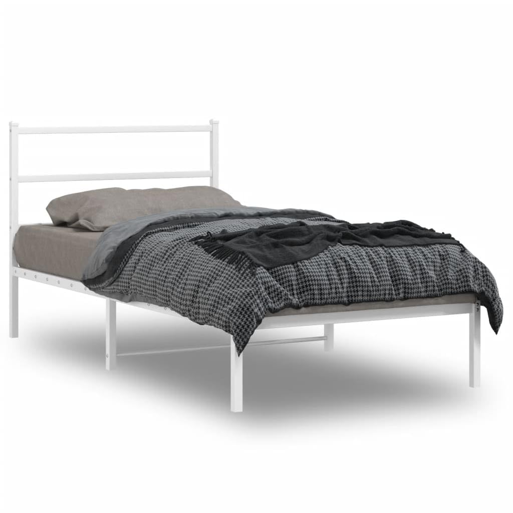 vidaXL Elegant White Single Bed Frame with Headboard - Steel Metal Construction, Underbed Storage, Metal Slats - 39.4"x78.7"