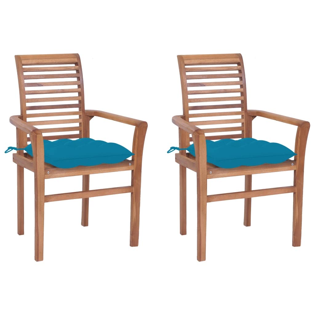 Vidaxl Solid Teak Wood Dining Chairs - Ergonomic Design, Stackable, Fine Sanded, Suitable For Indoor & Outdoor, Includes Light Blue Cushions