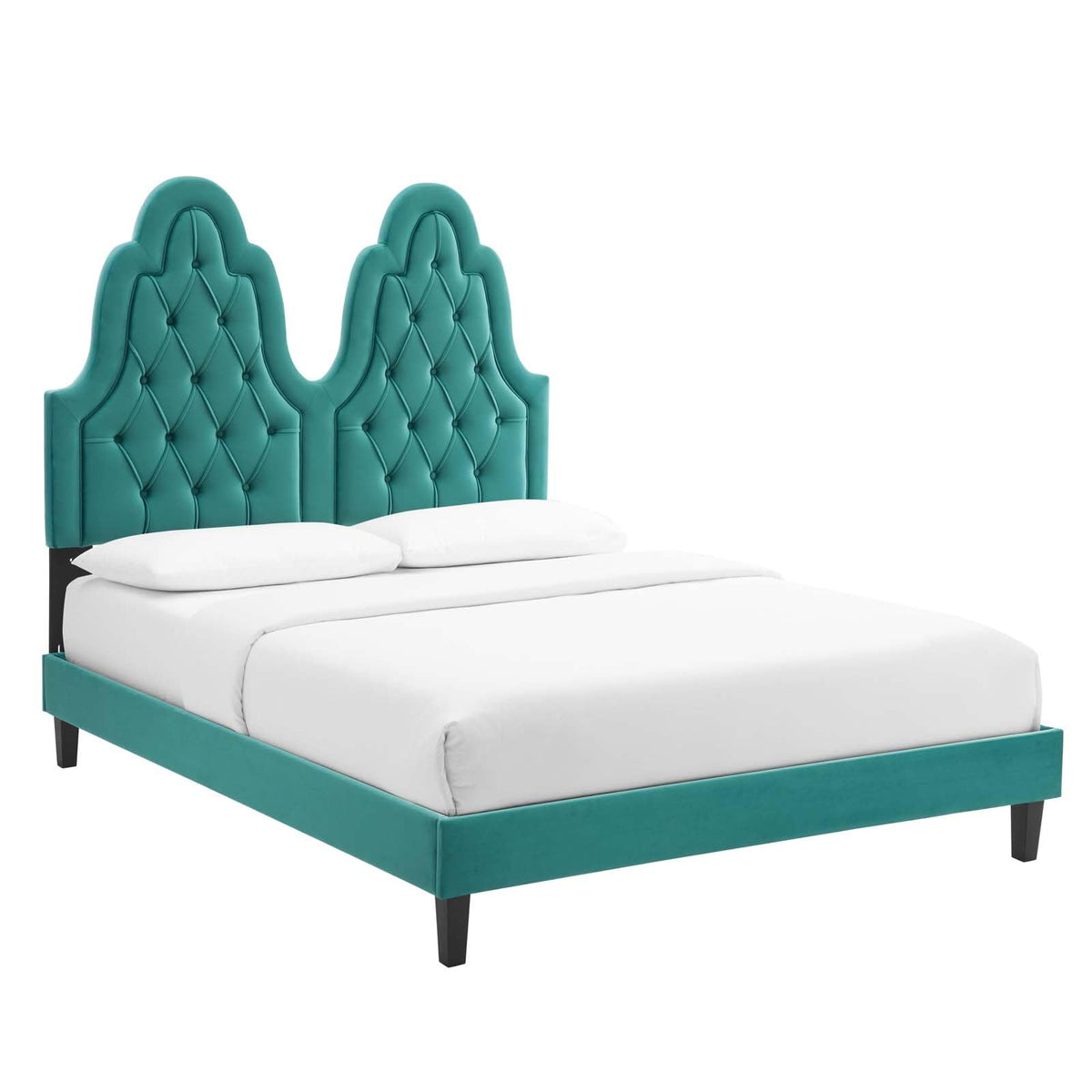 Modway Alexandria Tufted Performance Velvet Platform Bed with Black Wood Legs, Twin, Teal