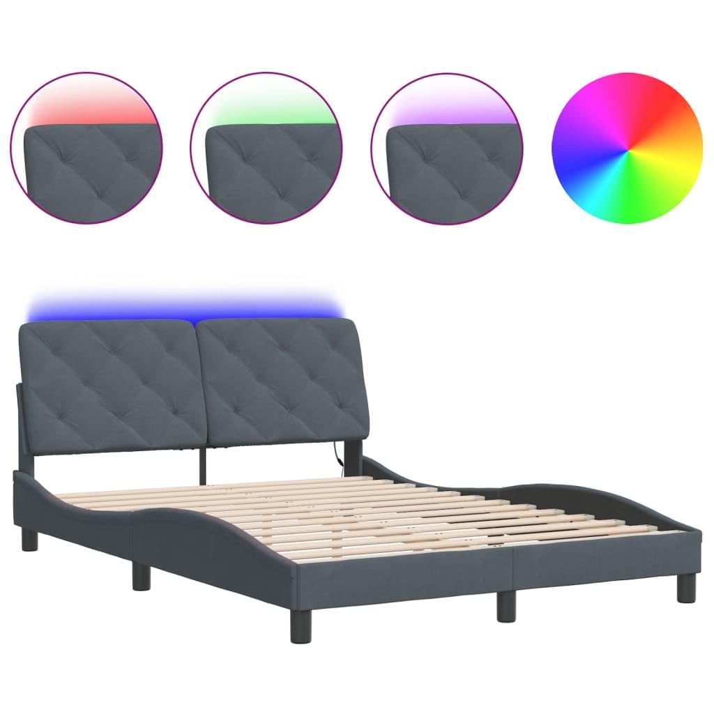 vidaXL Full-Size Dark Gray Velvet Bed Frame with LED Lights, Modern Design with Metal and Pine Wood Structure – 81.9 x 55.9 x 29.3