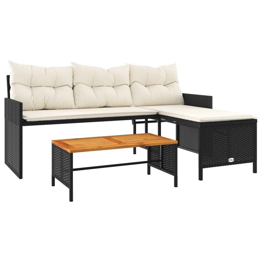 vidaXL L-Shaped Patio Sofa Set - Black Poly Rattan Outdoor Furniture with Acacia Wood Table and Cream White Cushions