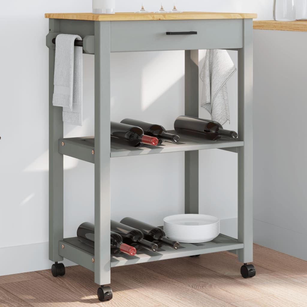 vidaXL Pine Wood Kitchen Trolley - Rolling Storage Cart with Drawer, Shelves, Locking Wheels - Gray/Honey Wax, 23.6&quot;x15.7&quot;x35.4&quot;