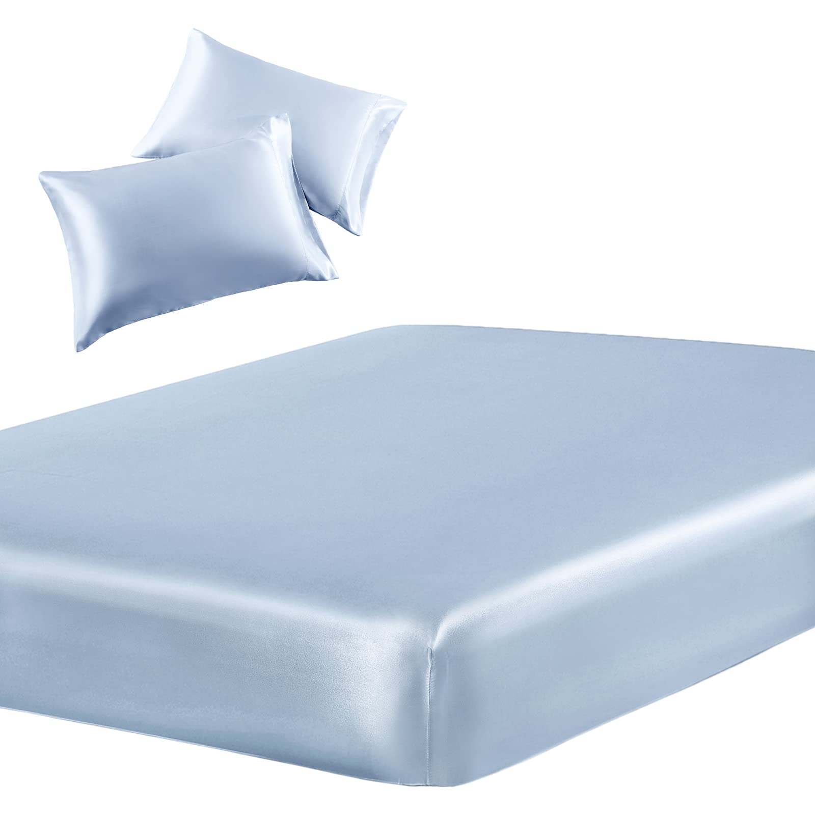 SiinvdaBZX 3-Piece Set Satin Twin Fitted Sheet & 2 Pillowcase, Baby Blue Silky Soft Fitted Bottom Sheet, Wrinkle Free, Fade Resi