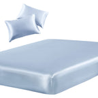 SiinvdaBZX 3-Piece Set Satin Queen Fitted Sheet & 2 Pillowcase, Baby Blue Silky Soft Fitted Bottom Sheet, Wrinkle Free, Fade Res